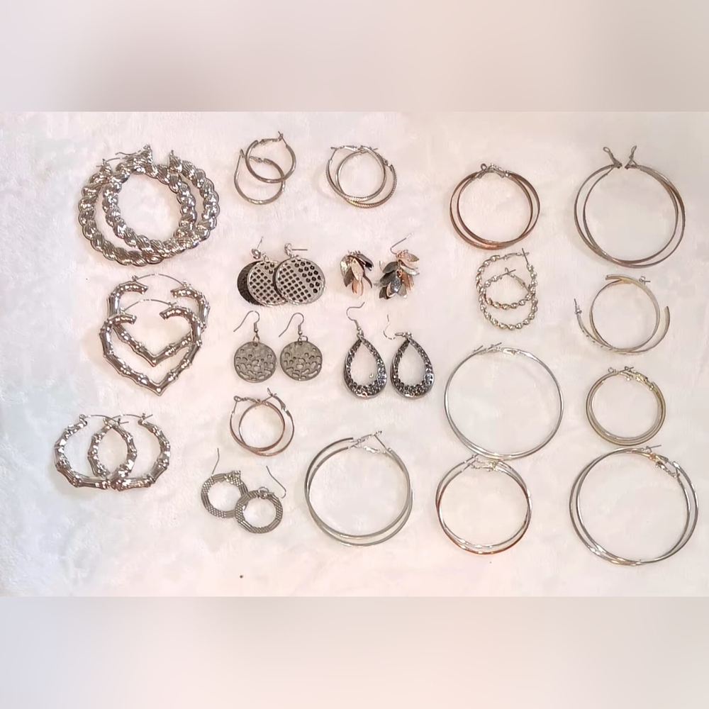 Silver Hoop and Dangle Earring Set Total of 20